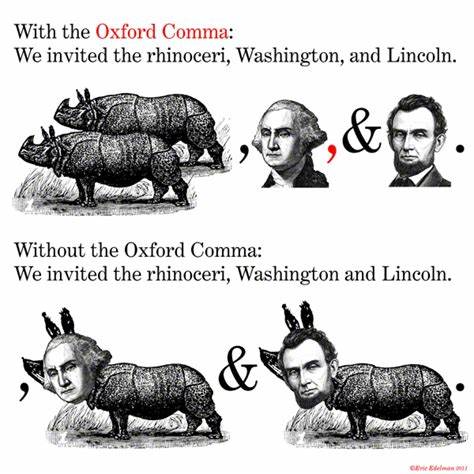 Oxford comma rhinoceri, Washington, and Lincoln illustration meme